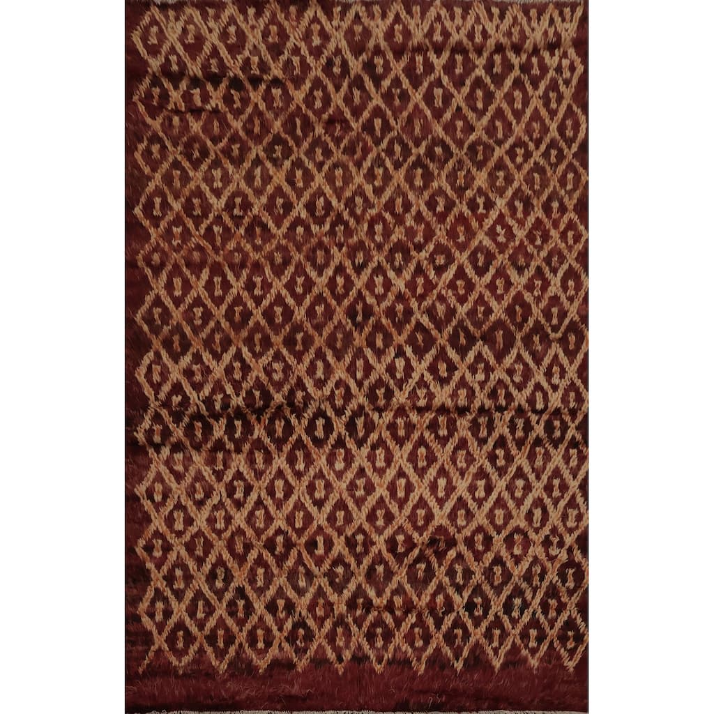 Hand Knotted Oriental 100% Wool Carpet Modern Tribal Red Moroccan Area Rug - 9' 5'' X 6' 11''