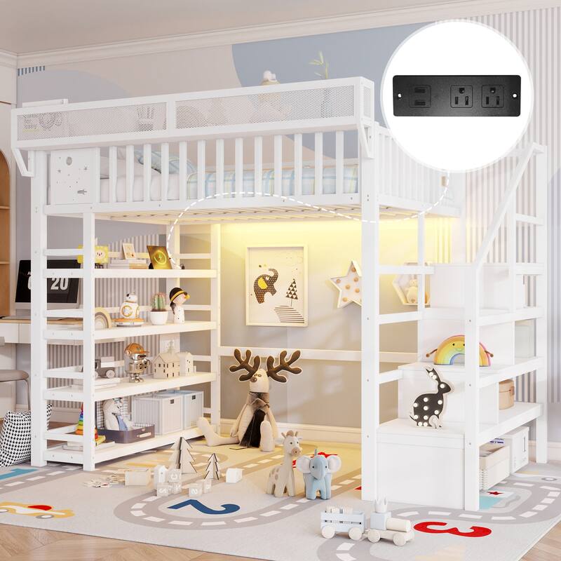 Full Size Metal Loft Bed with Charging Station and 4-Shelf Storage, Kids & Teens Loft Bed with Storage Stairs - White