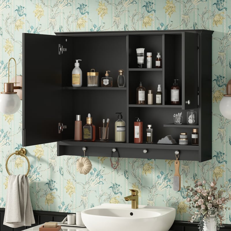 Wall Mounted Medicine Cabinet, Bathroom Storage Cabinet with High-definition Mirror Door, Open Shelves and Adjustabl Shelf