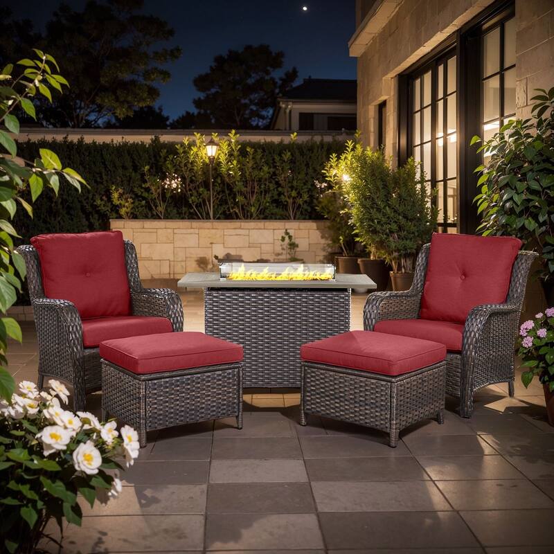 Fire Pit Table with Patio Chairs Ottomans - Red - Brown