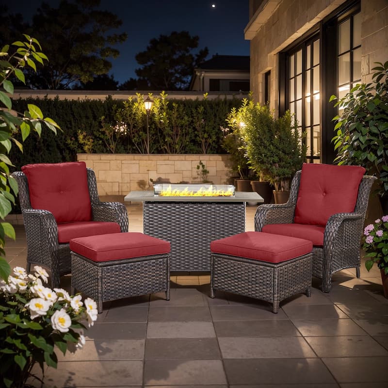 Gymojoy 5-Piece Outdoor Furniture Set, 2 Patio Chairs, 2 Ottomans & 55K BTU Fire Pit Table - Brown Wicker / Red Cusion - 5-Piece