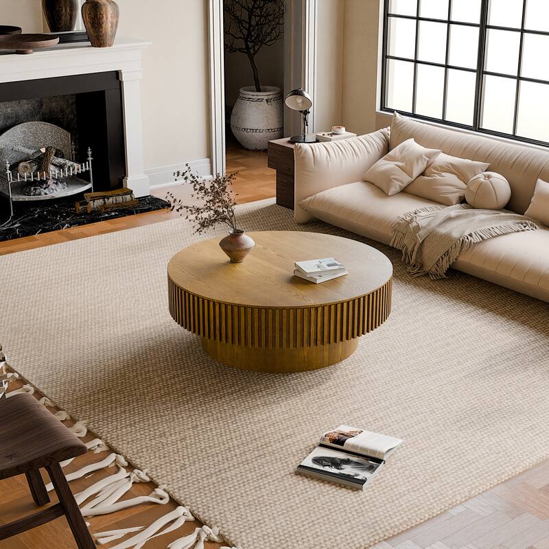 39.37" Round Coffee Table with Storage Solid Wood Veneered Modern Coffee Table Accent Tea Table for Living Room