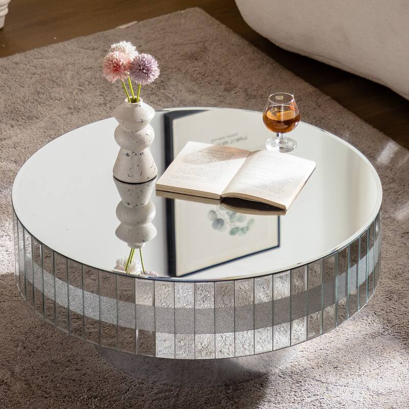 30.9" Round Silver Mirrored Coffee Table with Crushed Diamond Inlays & Crystal Edge, Modern Luxury Center Table for Living Room