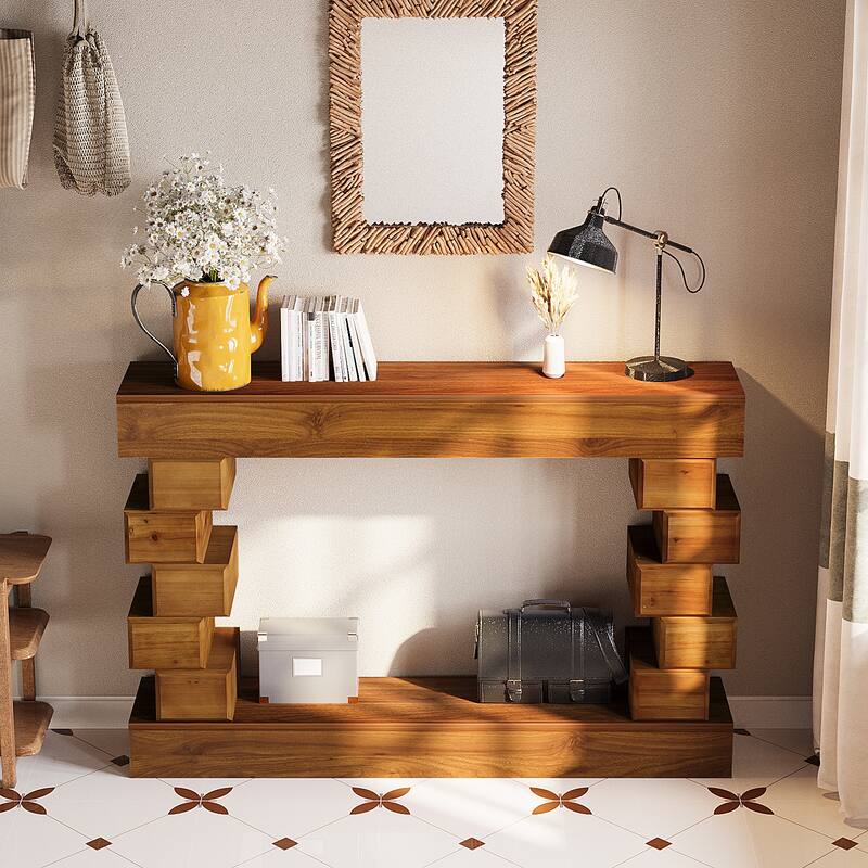 Geometric Block Stacked Wood Console Table with Warm Natural Finish