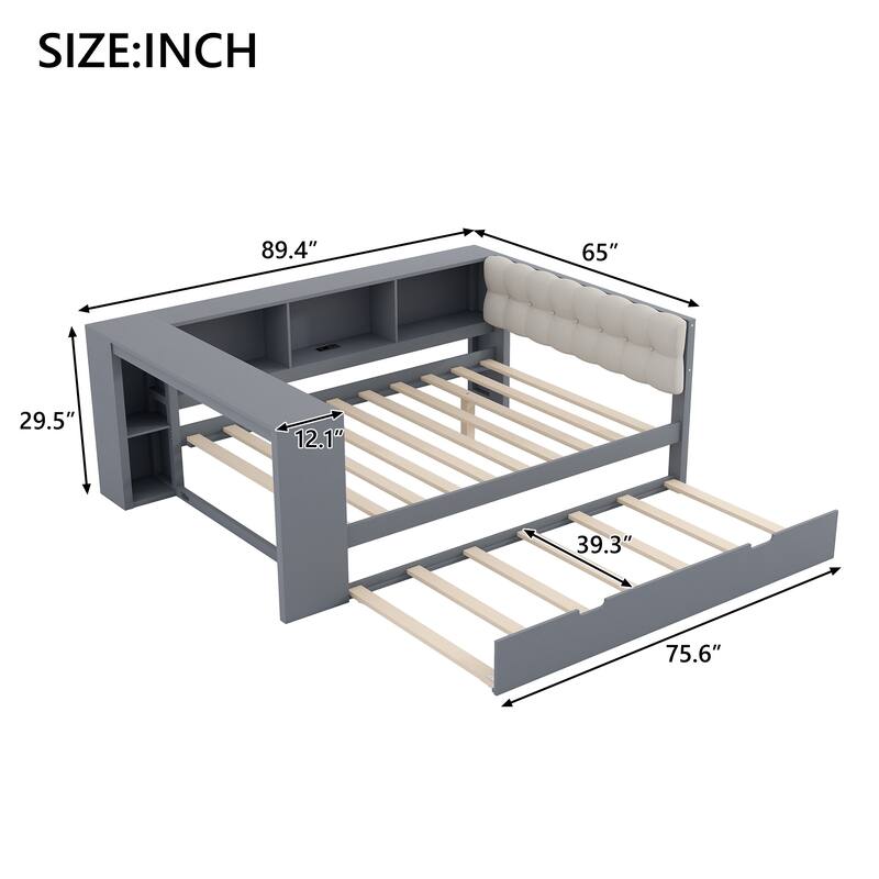 Upholstered Sofa Bed, Wood Daybed, L-shaped Bed Frame with Desk, Shelves, Charging Station, and Optional with Trundle or Drawers