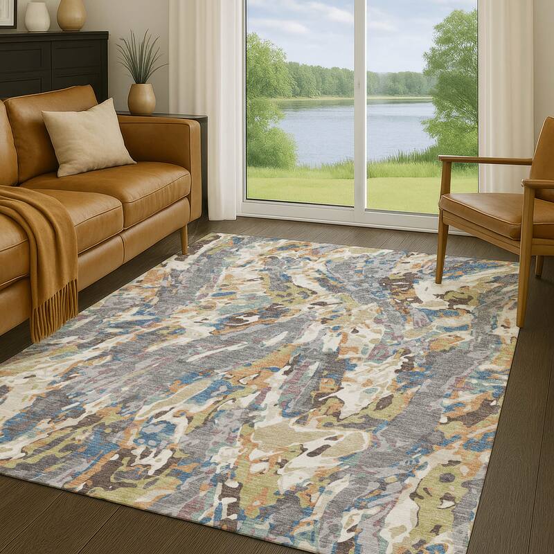 Machine Washable Indoor/ Outdoor Brushstrokes Chantille Rug