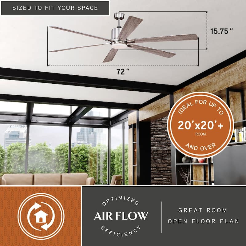 VAXCEL Wheelock Satin Nickel Outdoor Ceiling Fan, Reversible Black-Driftwood Blades, LED Light Kit, Remote 6 Speeds, DC Motor