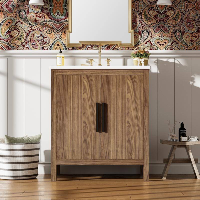 30" Wood Color Bathroom Vanity with Single Sink,Solid Wood Frame - Wood