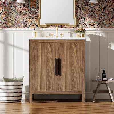 30" Wood Color Bathroom Vanity with Single Sink,Solid Wood Frame