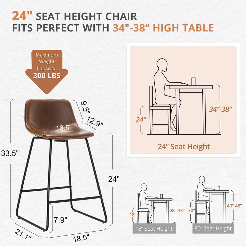 Modern 24.in Counter Height Bar Stool with PU Leather and Metal Frame Barstools for Kitchen Island