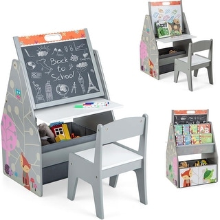 Wooden Kids Art Easel Double-Sided Toddler Table & Chair Set