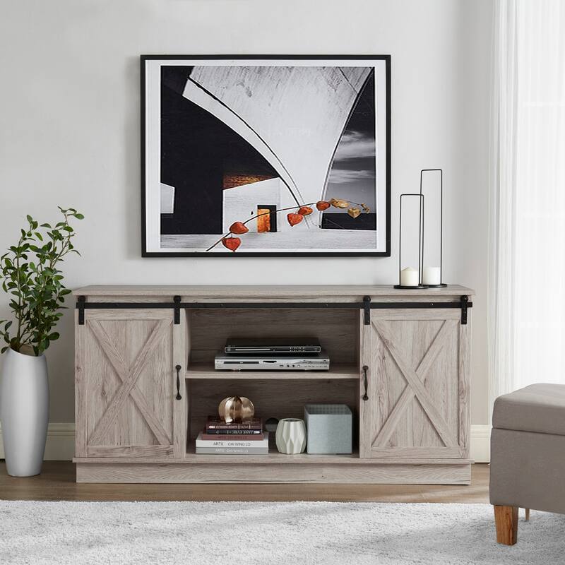 Farmhouse Rustic Wooden 60" TV Stand with Storage Console Cabinet, Sliding Barn Doors Entertainment Center