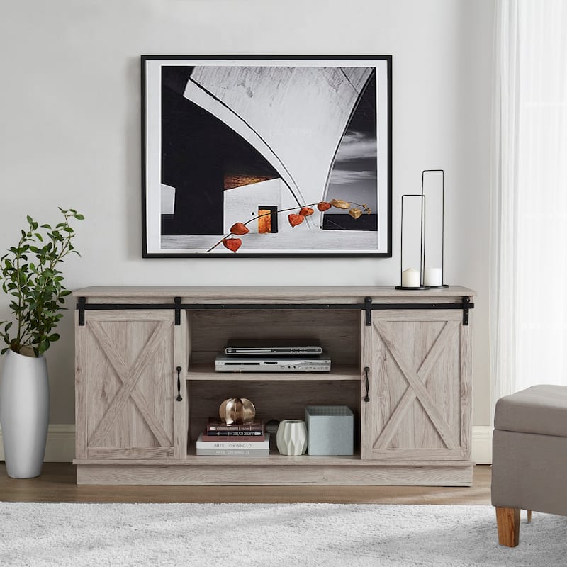 Farmhouse Rustic Wooden 60" TV Stand with Storage Console Cabinet, Sliding Barn Doors Entertainment Center