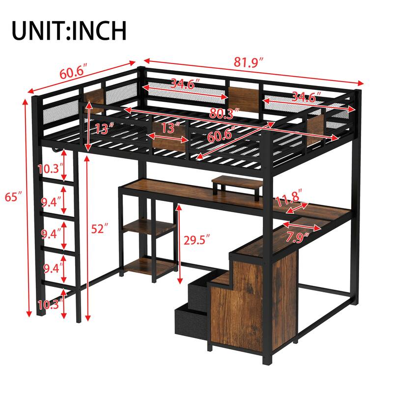Queen Loft Bed with Desk and Storage Drawers, Metal Loft Bed Frame with Guardrails, Ladder, and Workstation
