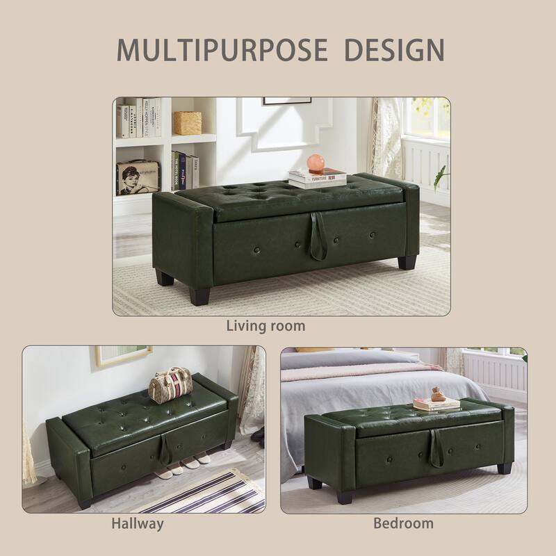Tufted Faux Leather Storage Ottoman Bench for Bedroom, Living Room & Hallway, 48" Multifunctional Upholstered End of Bed Bench