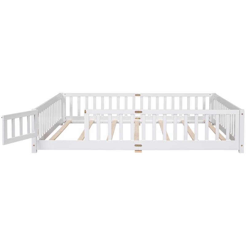 Queen size Floor Platform Bed with Fence Guardrails and Door