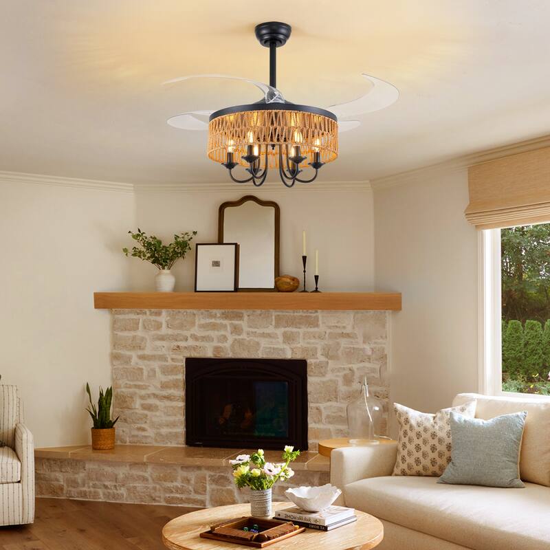 40" Boho Rattan Retractable Drum Ceiling Fan with Light and Remote - 40''-6 Lights
