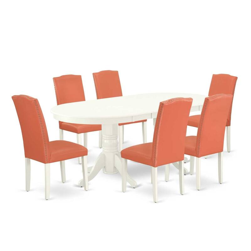 Dining Room Set 7Pc Table & Chairs Pink Flamingo Linen White Legs Modern Design