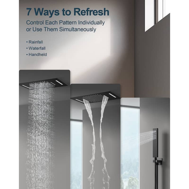 GRANDJOY LUXURY Shower System 22"x15" Ceiling Mount Rainfall & Waterfall Shower Head with Handheld Spray Como 64 Colors LED