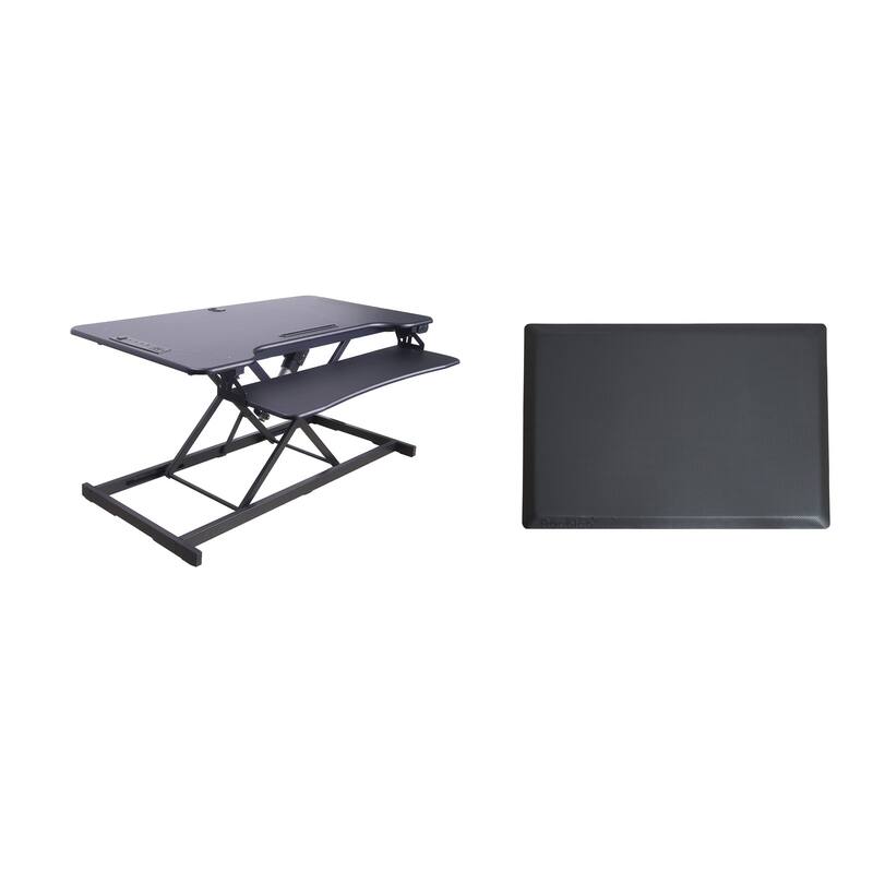 Rocelco 46 in. W Black Electric Standing Desk Converter with AC Outlet, USB Charger and Anti Fatigue Floor Mat Platform