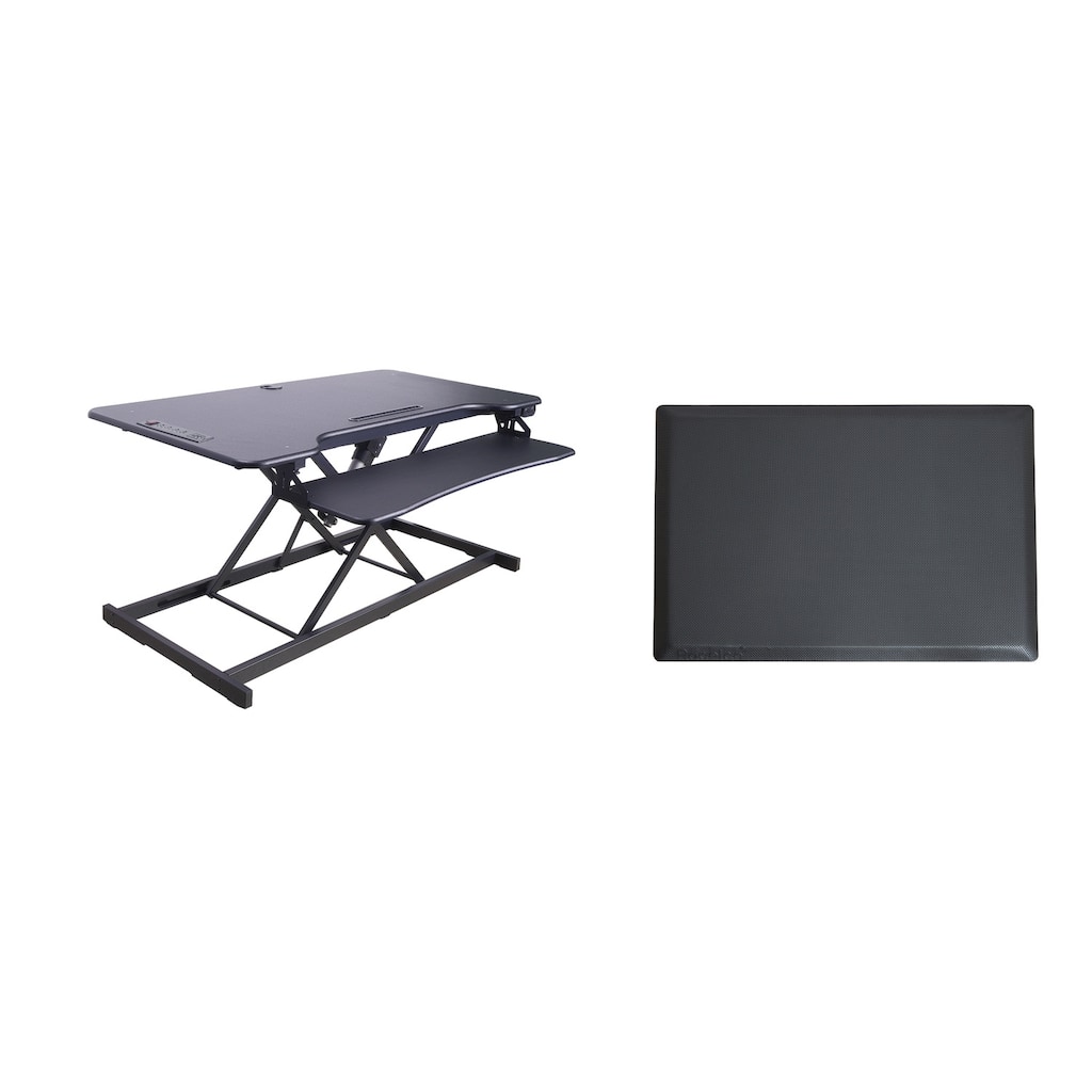 Rocelco 46 in. W Black Electric Standing Desk Converter with AC Outlet, USB Charger and Anti Fatigue Floor Mat Platform
