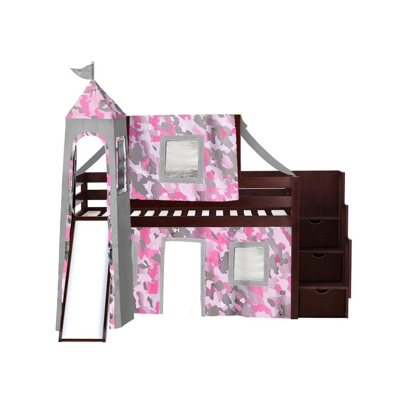 JACKPOT Prince & Princess Low Loft Twin Bed, Stairs Slide Tent & Tower