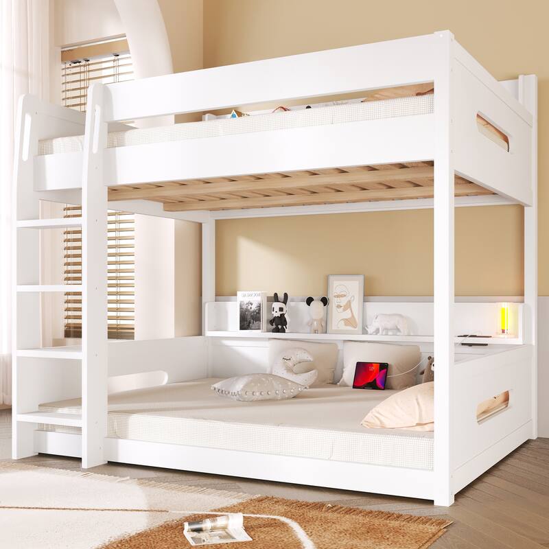 Queen Over Queen Bunk Bed with Storage Shelves on Both Upper and Lower Bunks and Built-In USB Charging Stations, Floor Bunk Bed