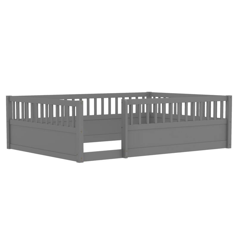 Solid Wood Floor Bed Frame without Slats, Montessori Kids Floor Beds with Full Length Fence, No Box Spring Needed