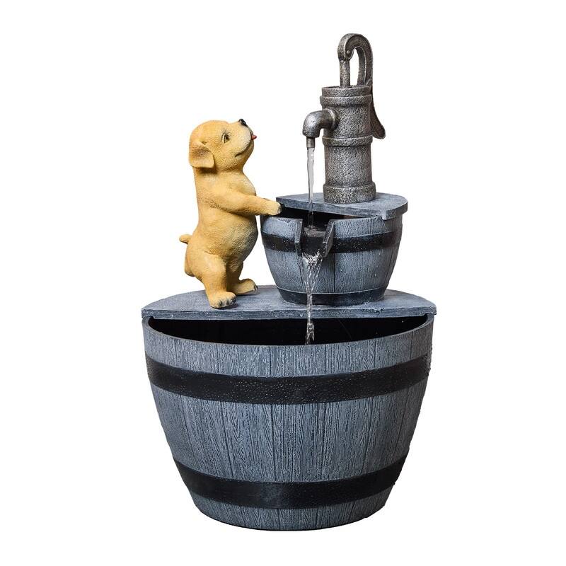 Outdoor Garden Fountain with LED – Farmhouse-Style Puppy & Faucet Design