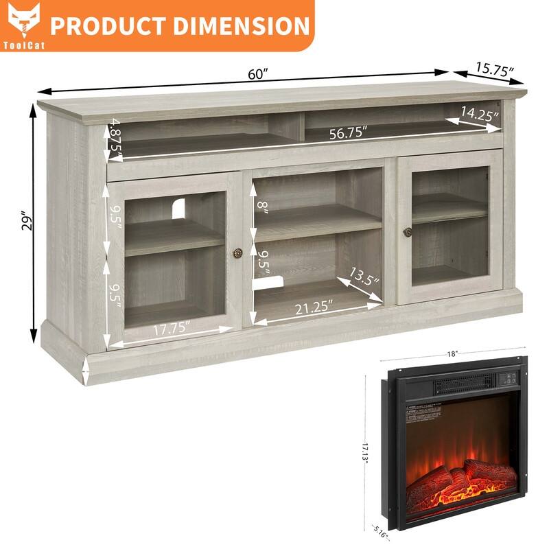 58/60" Contemporary/Classic Fireplace TV Stand for 65" TVs w/ 18" Insert Open/Glass-Door Storage Stone Gray/Driftwood