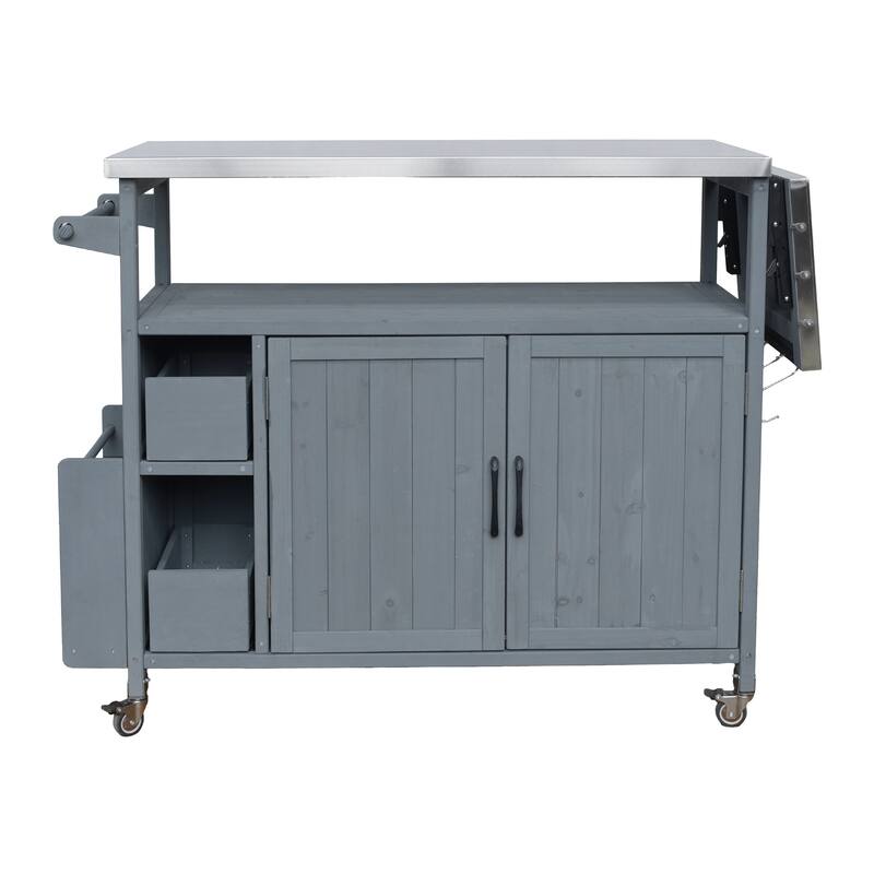 Christopher Knight Home - 54.33" Solid Wood Mobile Outdoor Kitchen Cart with Stainless Steel Top & Spice Rack & Lockable Wheels