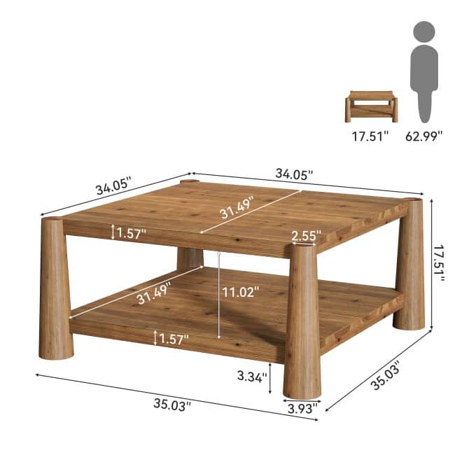 34" Square Solid Wood Coffee Table, Rustic Living Room Center Table
