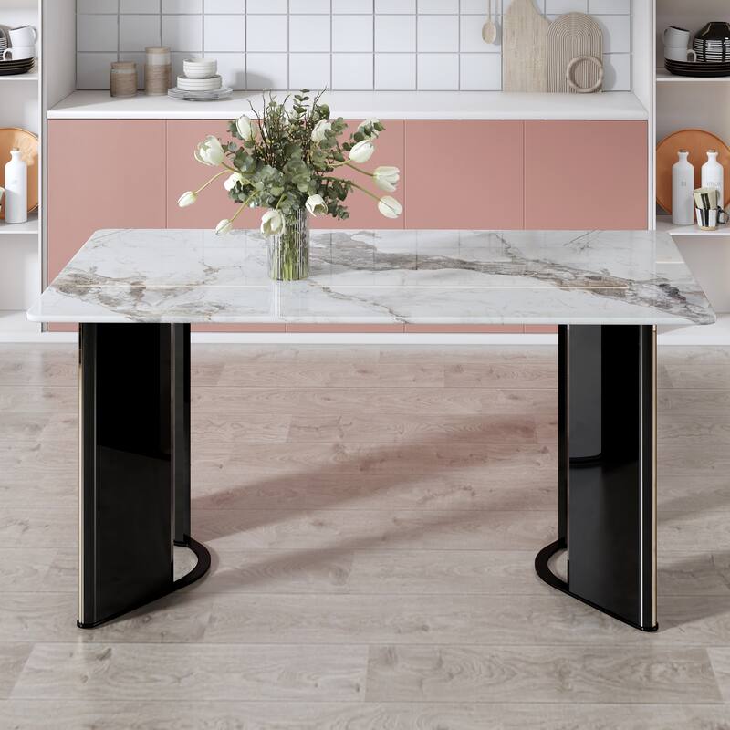 Modern minimalist dining table. White imitation marble glass sticker desktop, stainless steel legs