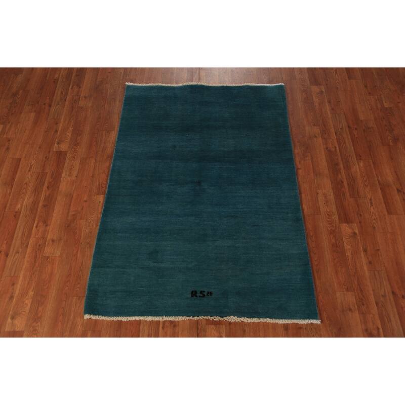 Teal Blue Gabbeh Modern Rug Hand-Knotted Foyer Wool Carpet - 3'4" x 4'10"