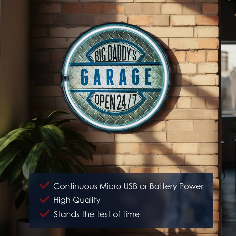 American Art Decor Big Daddy's Garage Bottle Cap Shaped LED Light Up Sign Wall Decor for Man Cave Bar Garage - Grey