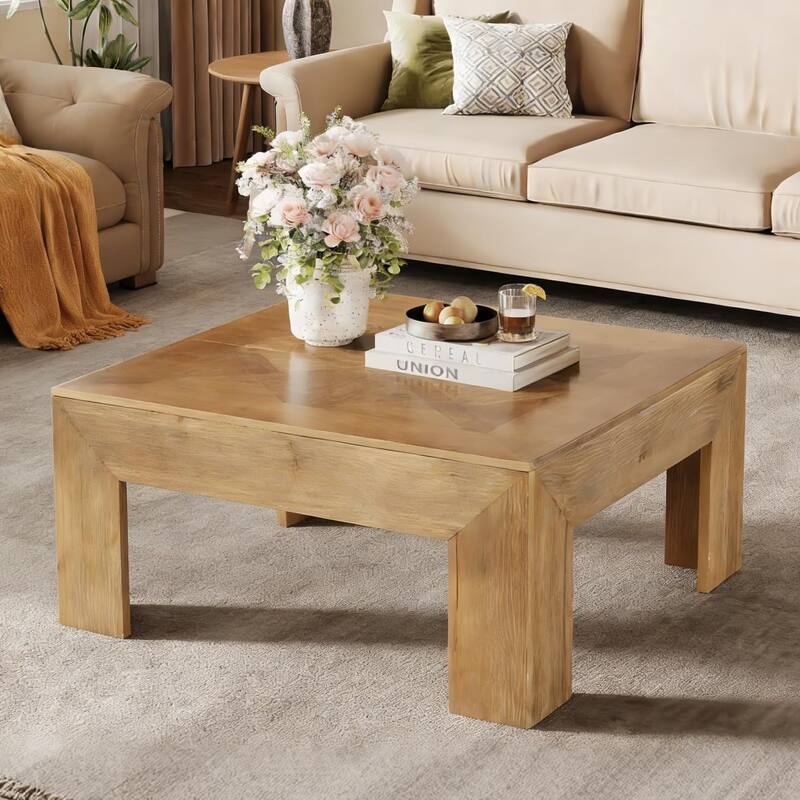 39" Solid Wood Square Coffee Table with Sturdy Legs, Easy Assembly