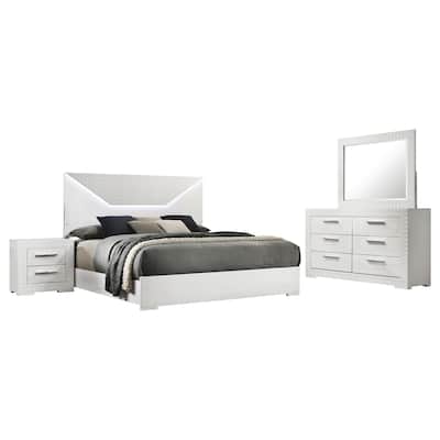 Ivon 4pc Queen Bedroom Set, Diamond Embossed, White High Gloss, LED