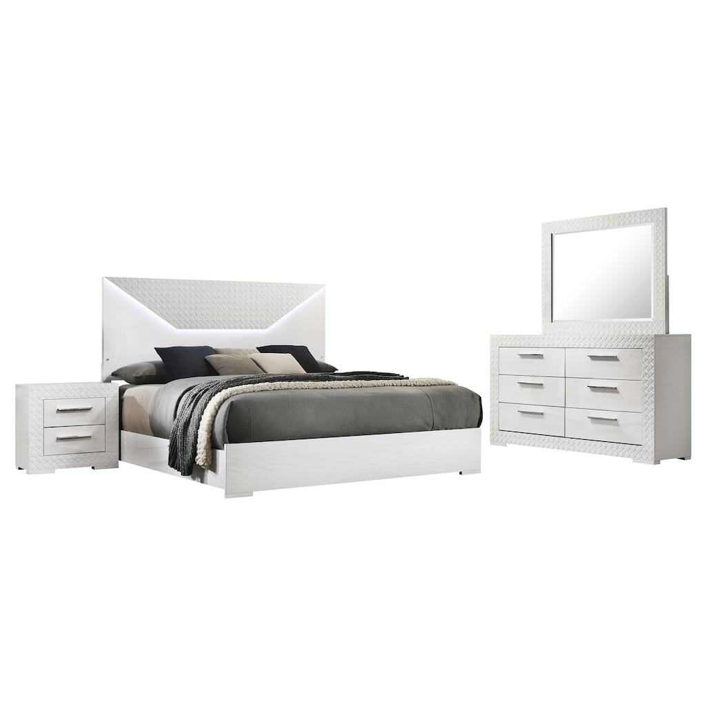 Ivon 4pc Queen Bedroom Set, Diamond Embossed, White High Gloss, LED
