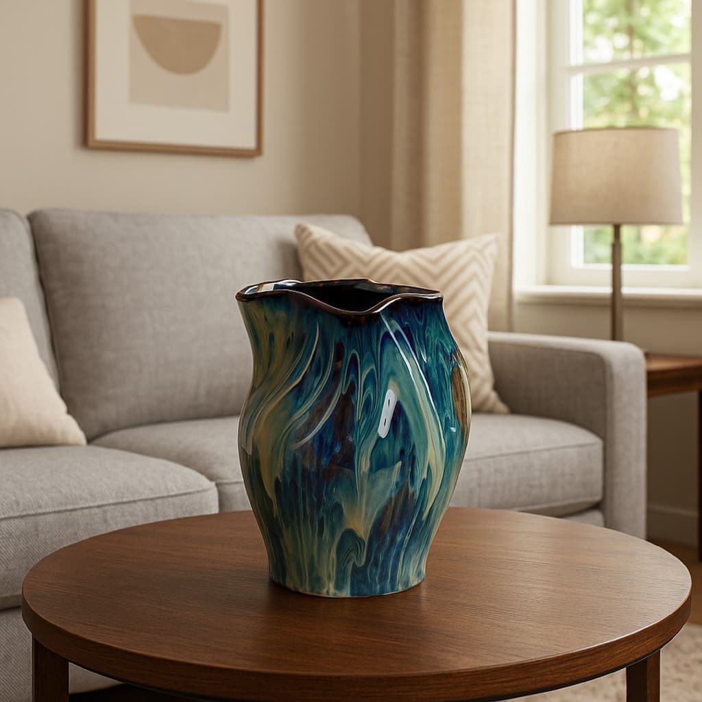 Fera Decorative Flower Vase, Ruffled Edge, 12 Inch Shiny Blue Ceramic