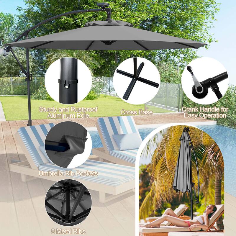 Costway 10FT Patio Offset Umbrella Solar Powered LED 360degrees