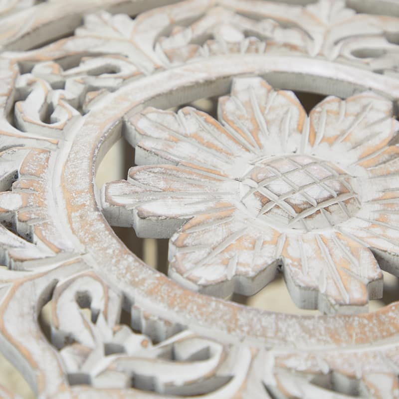 Wooden Floral Handmade Intricately Carved Coffee Table with Hollow Interior - Light Gray or Cream - Roche River Decor