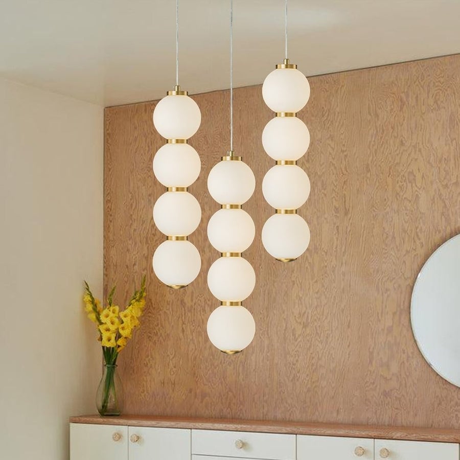 4 Light Vertical String Opal Glass Globe Pendant Light Dimmable LED Brass