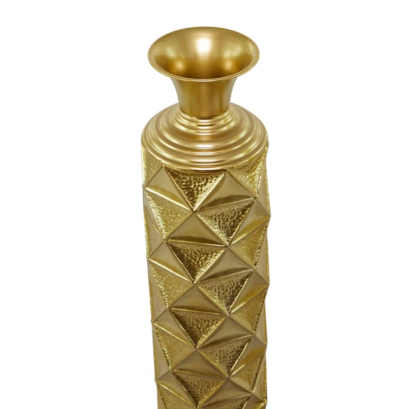 Metal Tall Distressed Metallic Vase with 3D Triangle Patterns - Set of 3 Gold - Roche River Décor. - 6"Wx6"Lx34"H