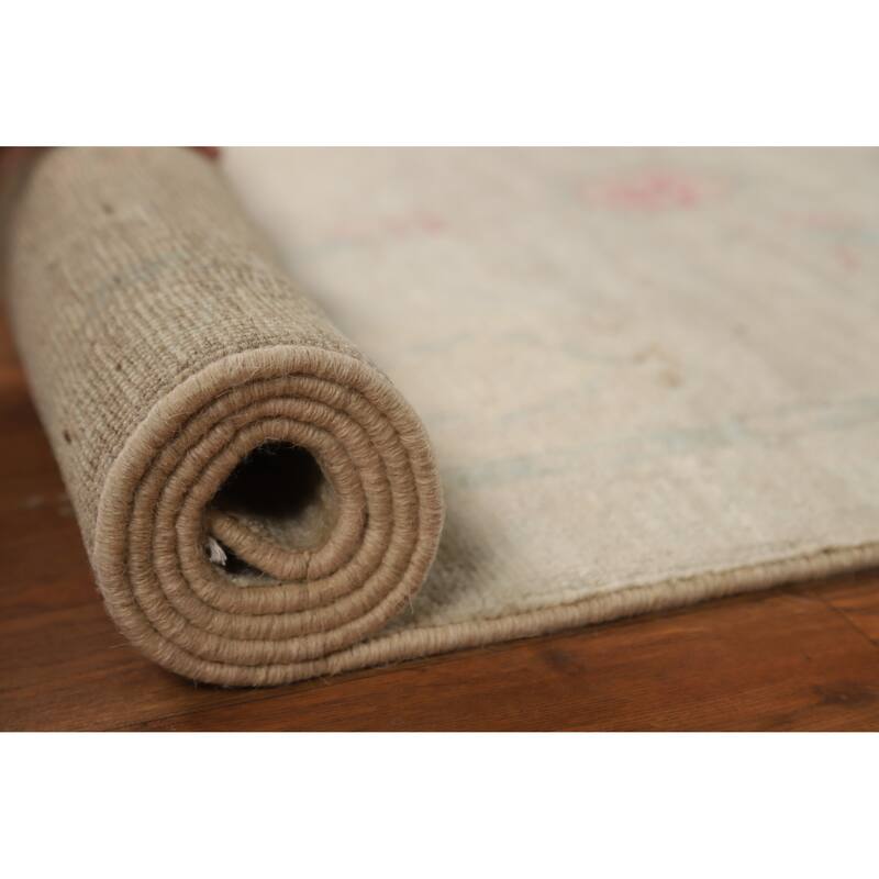 Hand Knotted Oriental 100% Wool Carpet Transitional All-Over Beige & Ivories Oushak Runner Rug - 11' 9'' X 3' 0''