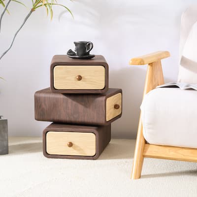 3-Tier Solid Wood Nightstand with Swivel Drawers