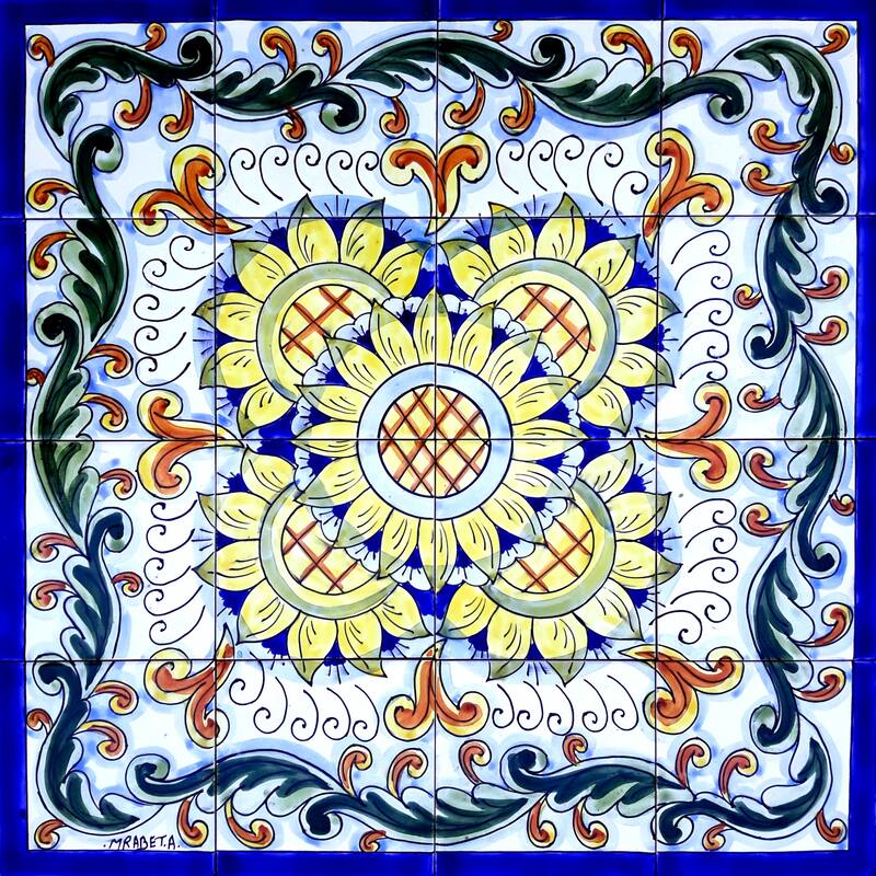 24x24 Mosaic Medallion 16pc Mosaic Ceramic Tile Wall Mural