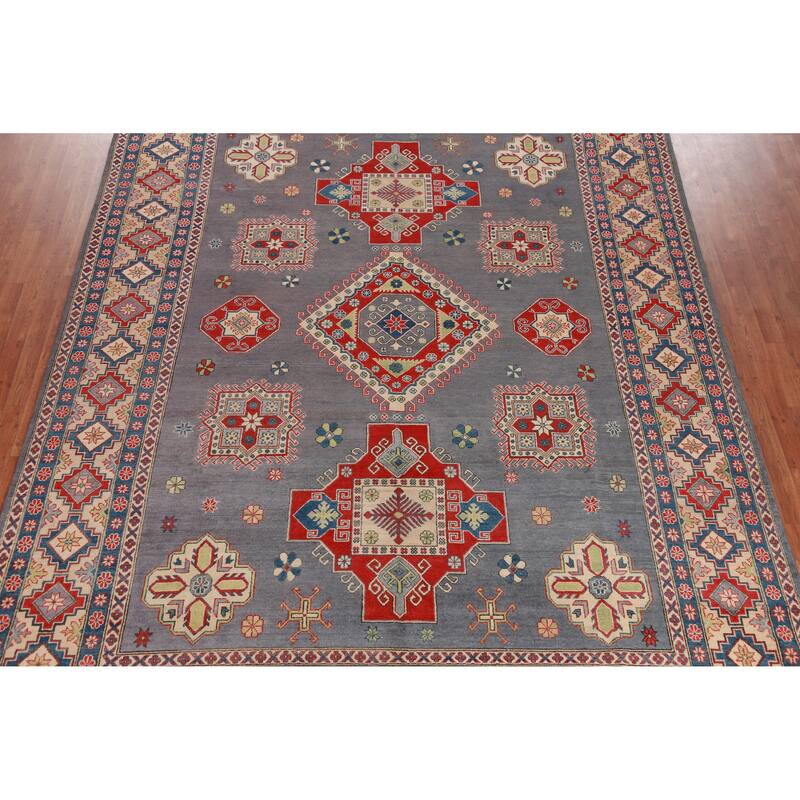 Hand Knotted Oriental 100% Wool Carpet Traditional Geometric Greys & Charcoal Kazak Area Rug - 13' 0'' X 9' 8''