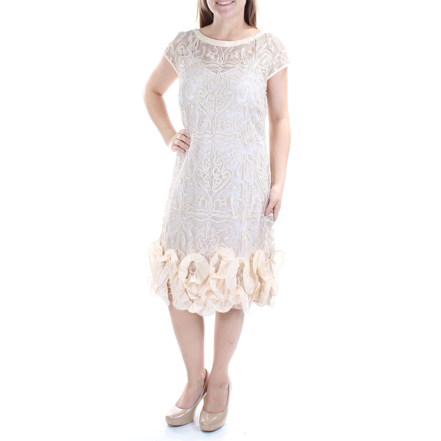 Shop Womens Gold Short Sleeve Below The Knee Shift Evening Dress