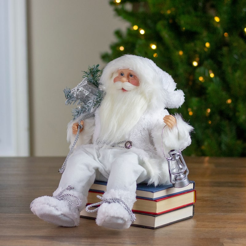 16" White Frost Sitting Santa Claus Christmas Figure with Lantern