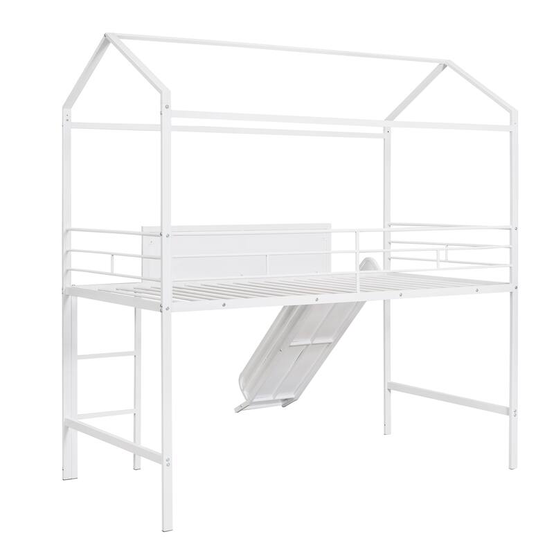 Twin Size Metal Loft House Shaped Platform Bed with Slide and Writable Wooden Board, Fun and Functional for Kids Bedrooms